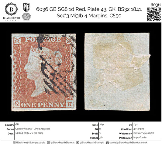 6036 GB SG8 1d Red. Plate 43. GK. BS32 1841. Sc#3 Mi3Ib 4 Margins. C£50