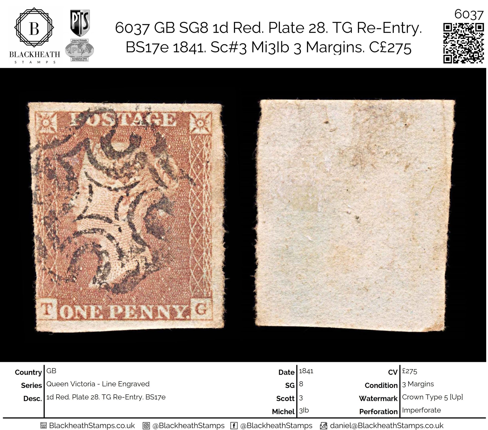 6037 GB SG8 1d Red. Plate 28. TG Re-Entry. BS17e 1841. Sc#3 Mi3Ib 3 Margins. C£275