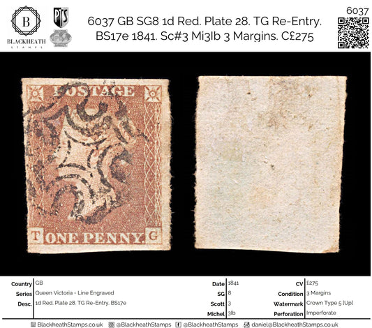 6037 GB SG8 1d Red. Plate 28. TG Re-Entry. BS17e 1841. Sc#3 Mi3Ib 3 Margins. C£275