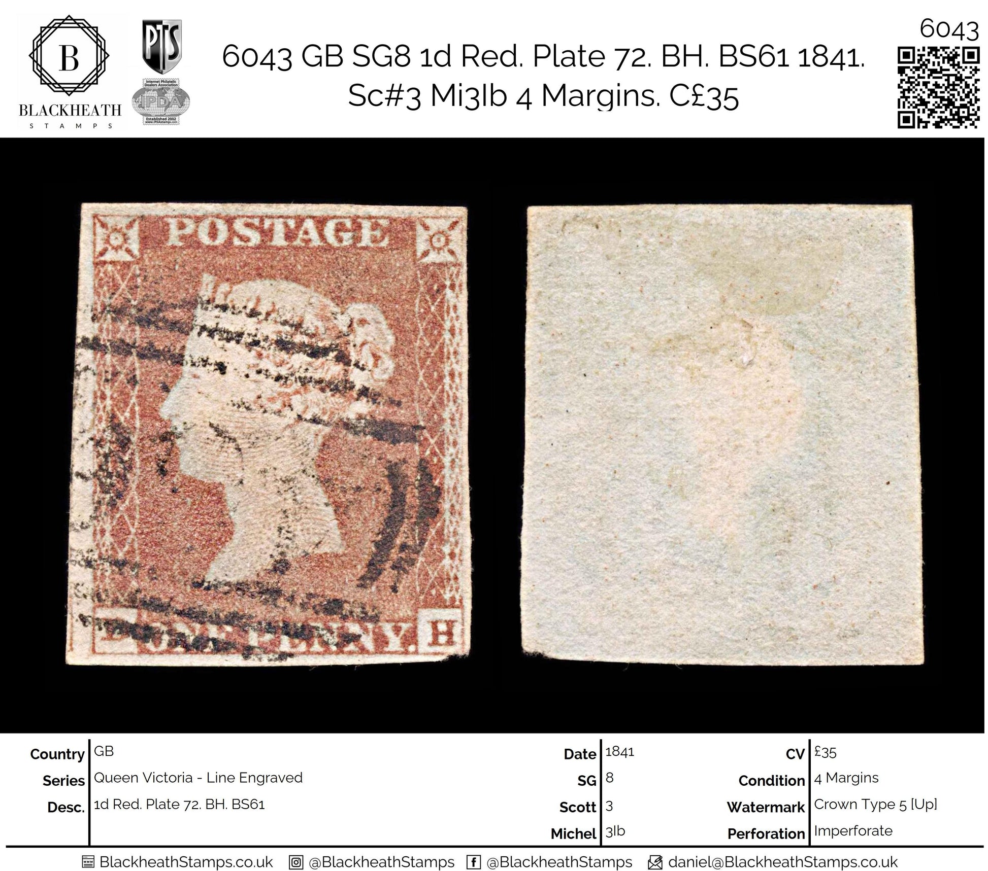 6043 GB SG8 1d Red. Plate 72. BH. BS61 1841. Sc#3 Mi3Ib 4 Margins. C£35