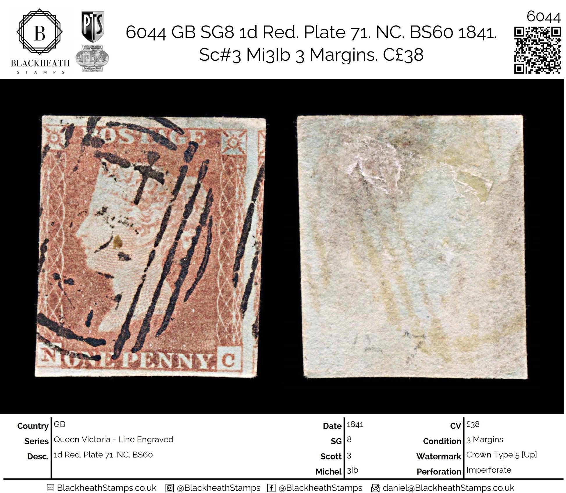 6044 GB SG8 1d Red. Plate 71. NC. BS60 1841. Sc#3 Mi3Ib 3 Margins. C£38