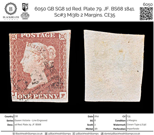 6050 GB SG8 1d Red. Plate 79. JF. BS68 1841. Sc#3 Mi3Ib 2 Margins. C£35