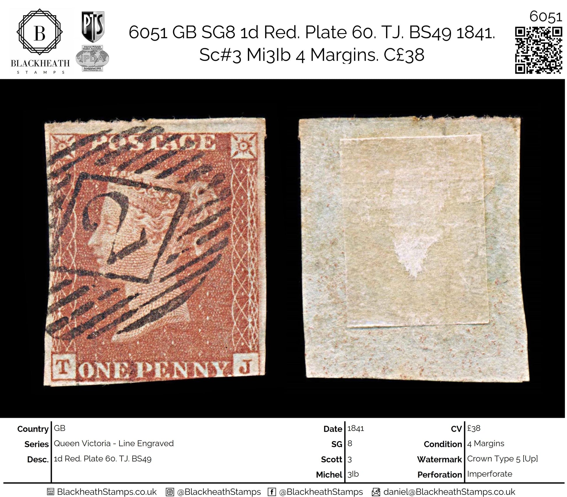 6051 GB SG8 1d Red. Plate 60. TJ. BS49 1841. Sc#3 Mi3Ib 4 Margins. C£38