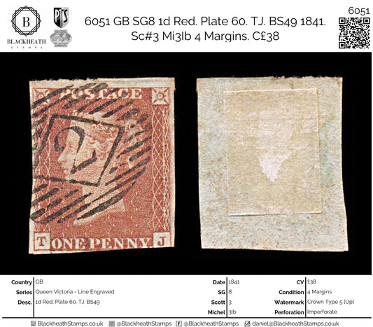 6051 GB SG8 1d Red. Plate 60. TJ. BS49 1841. Sc#3 Mi3Ib 4 Margins. C£38