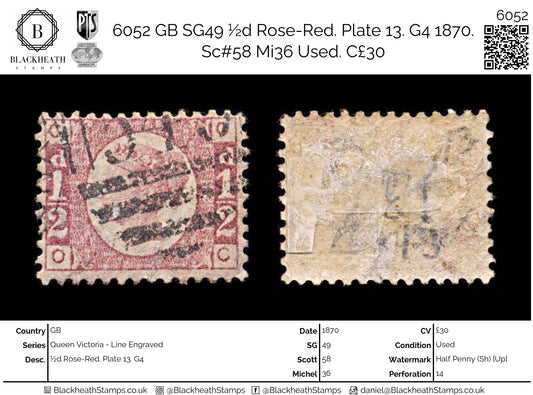 6052 GB SG49 ½d Rose-Red. Plate 13. G4 1870. Sc#58 Mi36 Used. C£30