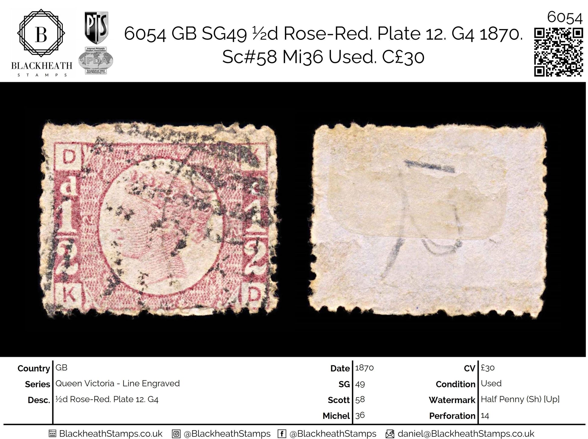 6054 GB SG49 ½d Rose-Red. Plate 12. G4 1870. Sc#58 Mi36 Used. C£30