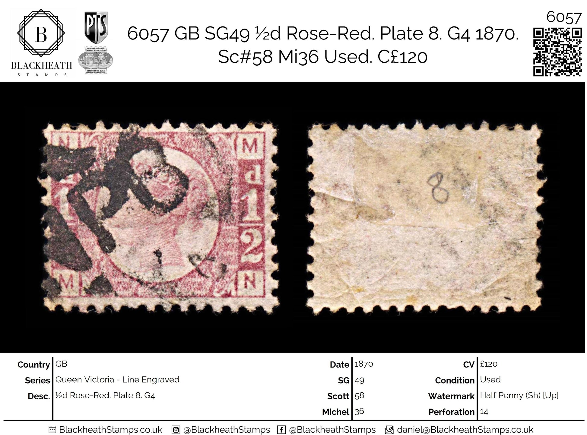 6057 GB SG49 ½d Rose-Red. Plate 8. G4 1870. Sc#58 Mi36 Used. C£120