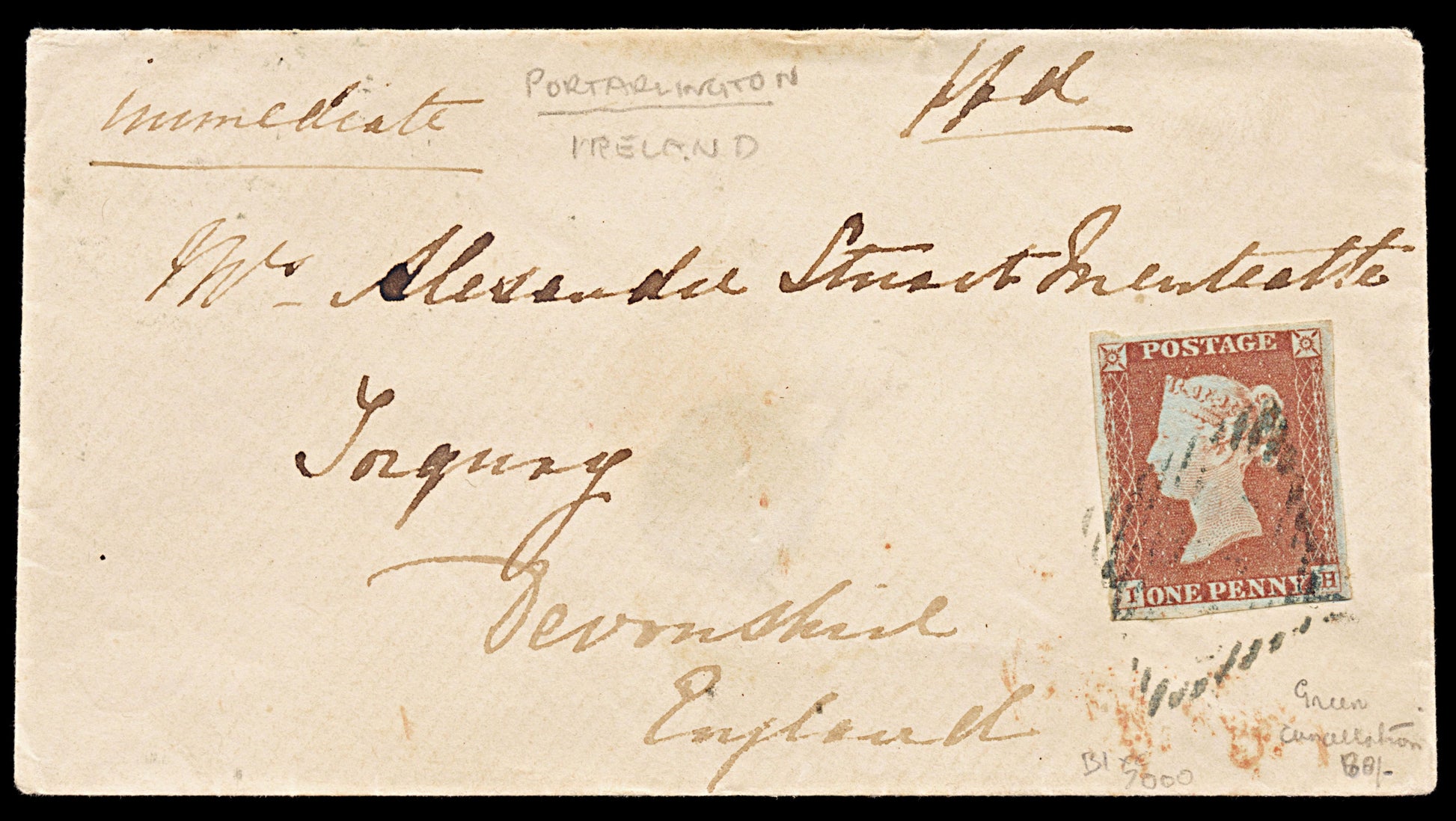 6072 GB 1d Red Plate 86. Green Irish 1884 Postmark. BS75xc 4 Margins. C£7000