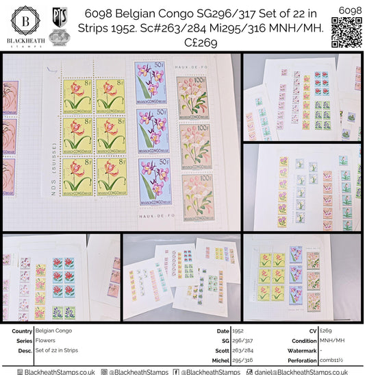 6098 Belgian Congo SG296/317 Set of 22 in Strips 1952. Sc#263/284 Mi295/316 MNH/MH. C£269