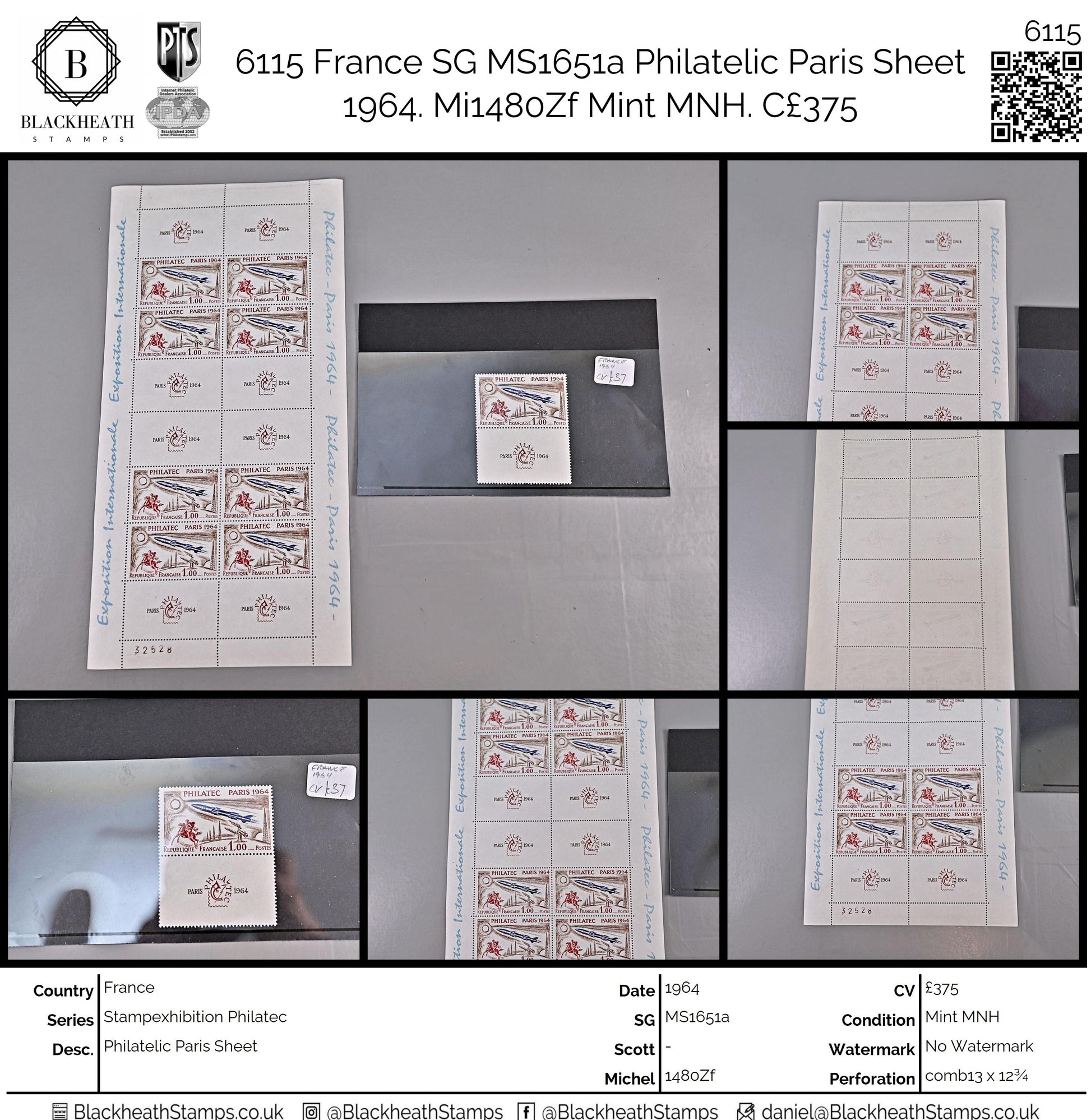 6115 France SG MS1651a Philatelic Paris Sheet 1964. Mi1480Zf Mint MNH. C£375