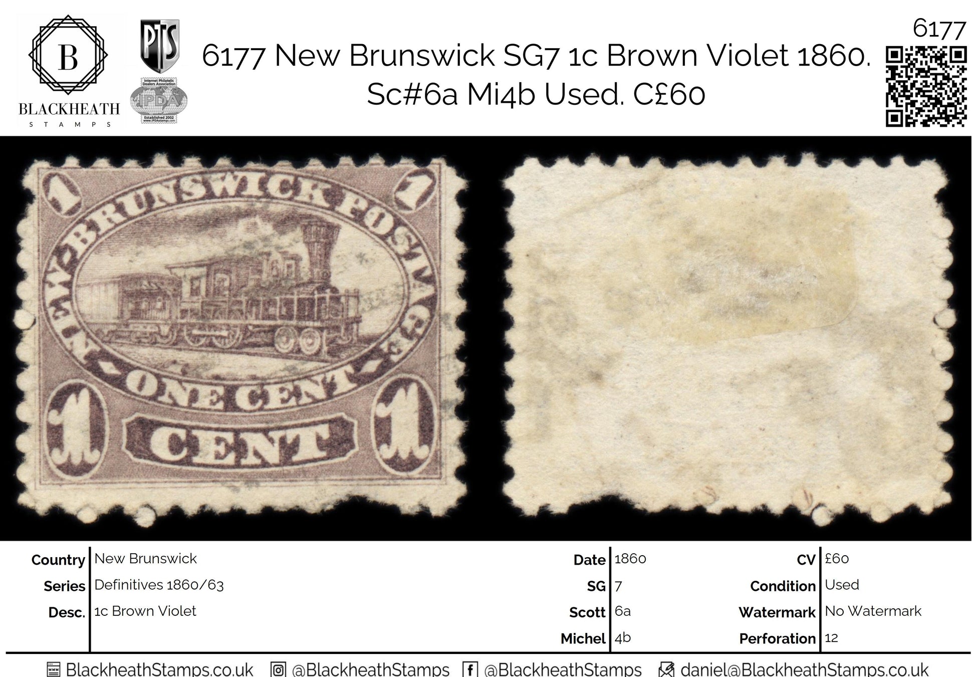 6177 New Brunswick SG7 1c Brown Violet 1860. Sc#6a Mi4b Used. C£60