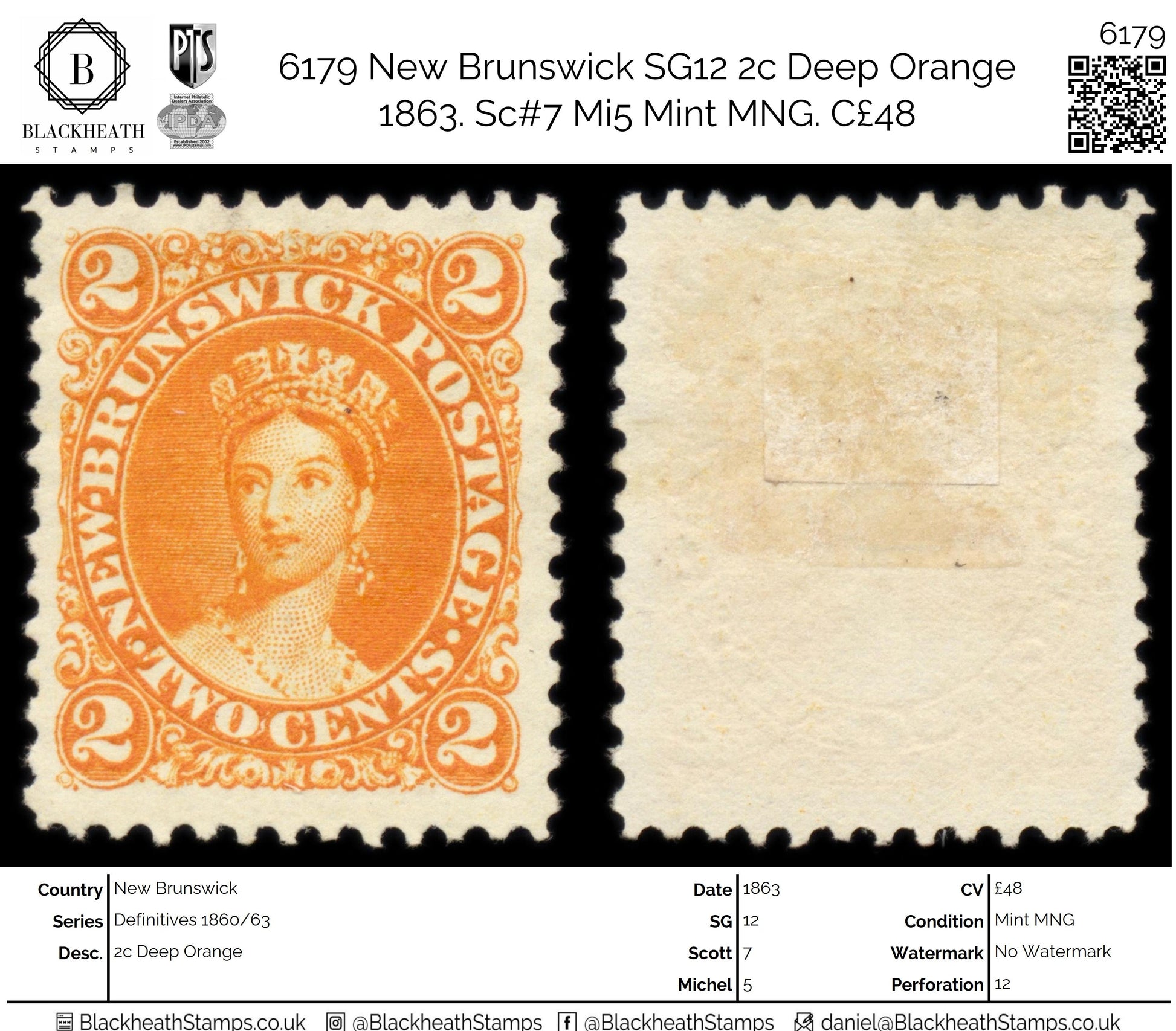 6179 New Brunswick SG12 2c Deep Orange 1863. Sc#7 Mi5 Mint MNG. C£48