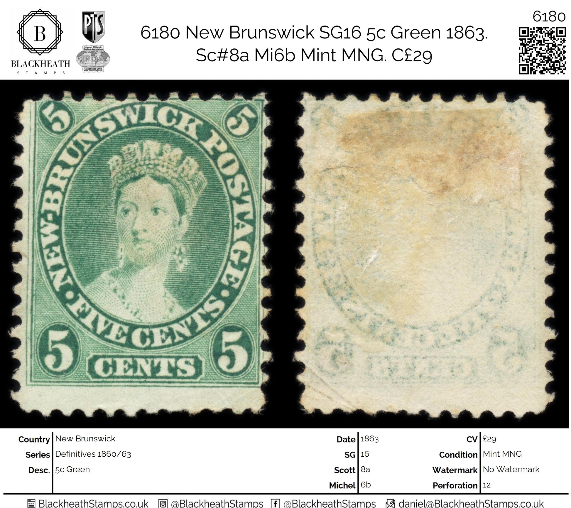 6180 New Brunswick SG16 5c Green 1863. Sc#8a Mi6b Mint MNG. C£29