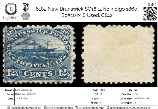 6182 New Brunswick SG18 12½c Indigo 1860. Sc#10 Mi8 Used. C£42