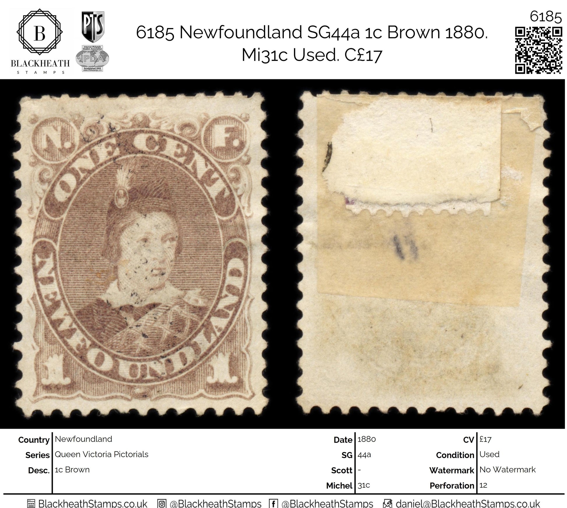 6185 Newfoundland SG44a 1c Brown 1880. Mi31c Used. C£17