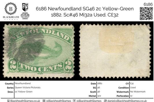 6186 Newfoundland SG46 2c Yellow-Green 1882. Sc#46 Mi32a Used. C£32