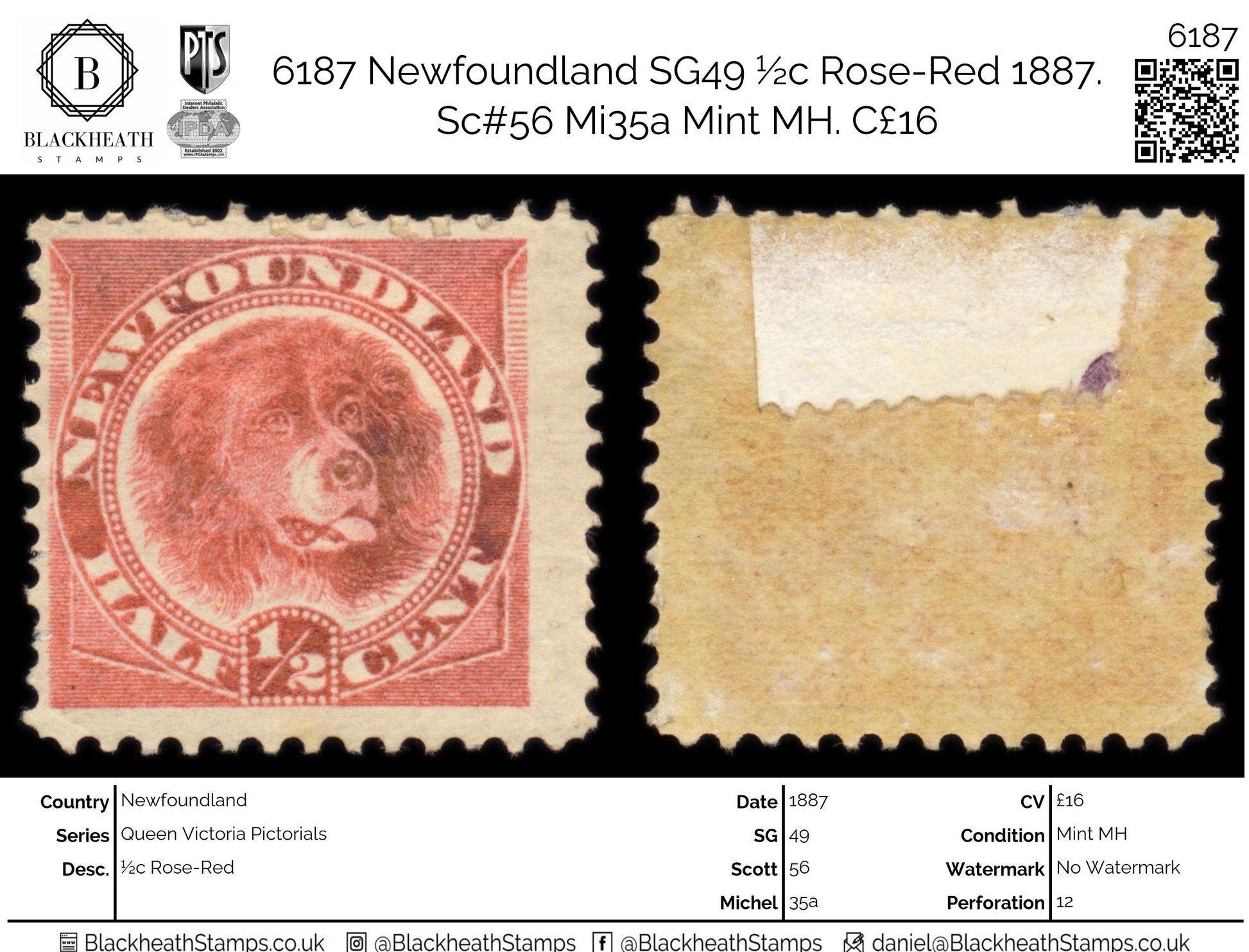 6187 Newfoundland SG49 ½c Rose-Red 1887. Sc#56 Mi35a Mint MH. C£16