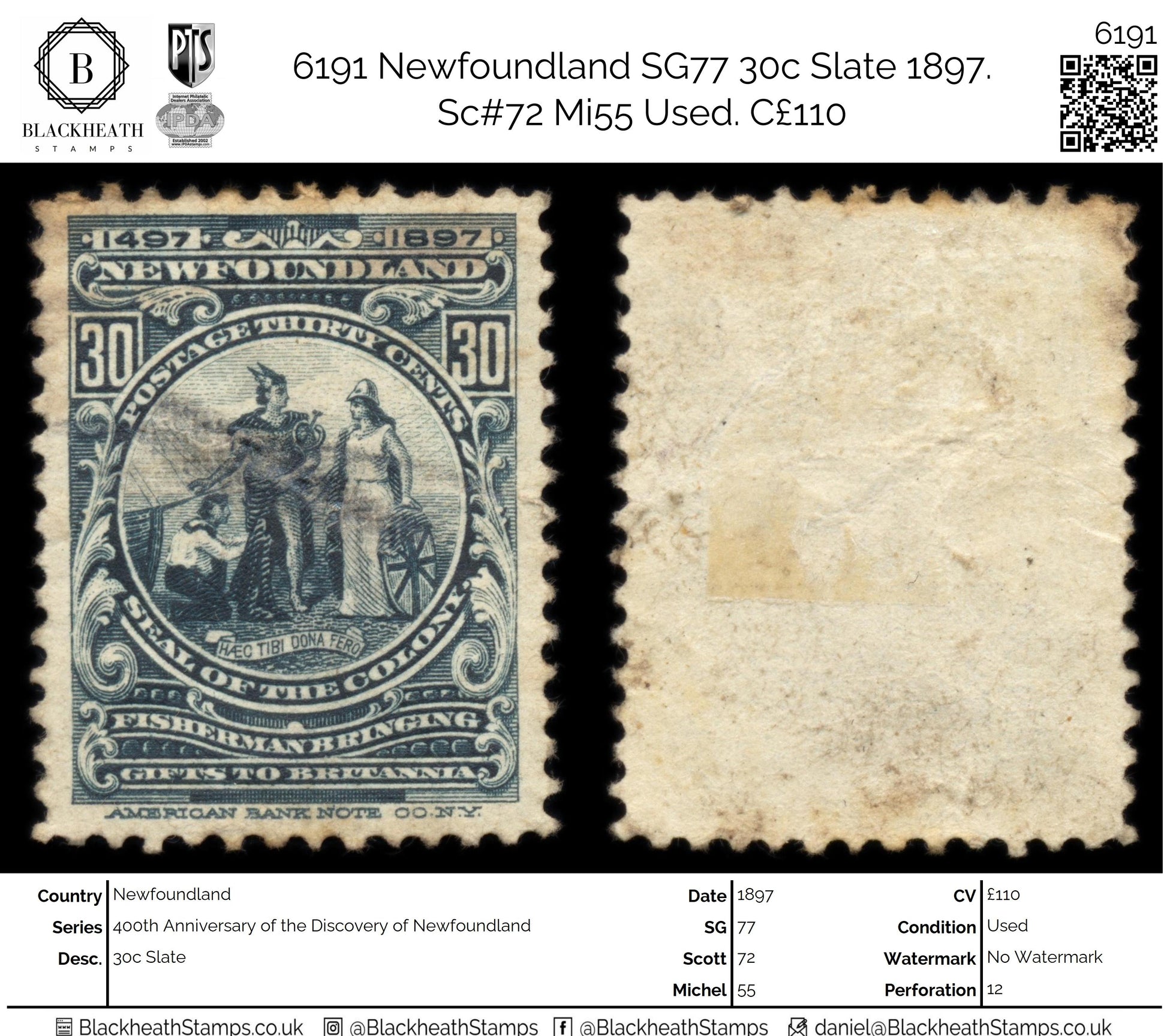 6191 Newfoundland SG77 30c Slate 1897. Sc#72 Mi55 Used. C£110