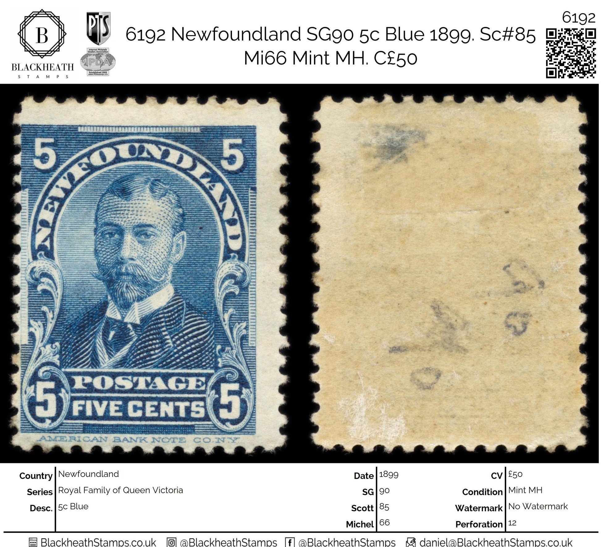 6192 Newfoundland SG90 5c Blue 1899. Sc#85 Mi66 Mint MH. C£50