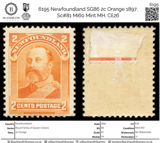 6195 Newfoundland SG86 2c Orange 1897. Sc#81 Mi60 Mint MH. C£26