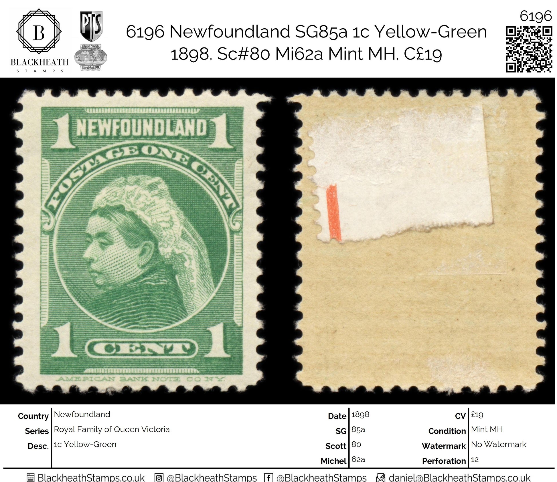 6196 Newfoundland SG85a 1c Yellow-Green 1898. Sc#80 Mi62a Mint MH. C£19