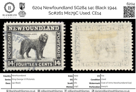 6204 Newfoundland SG284 14c Black 1944. Sc#261 Mi179C Used. C£14