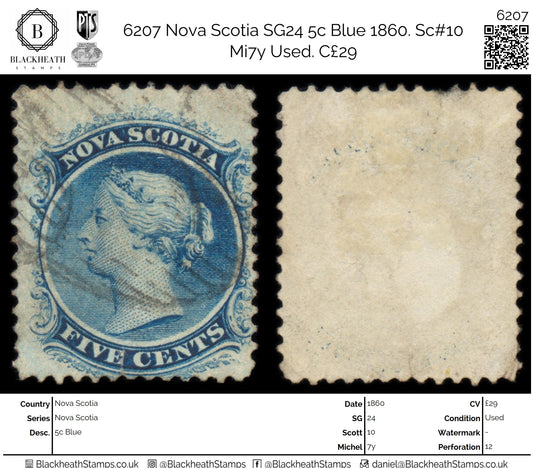 6207 Nova Scotia SG24 5c Blue 1860. Sc#10 Mi7y Used. C£29