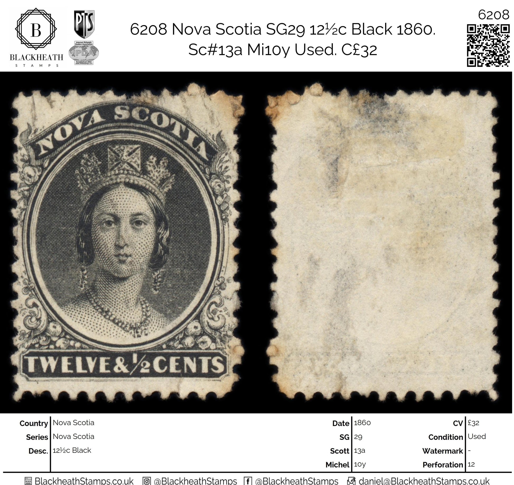 6208 Nova Scotia SG29 12½c Black 1860. Sc#13a Mi10y Used. C£32