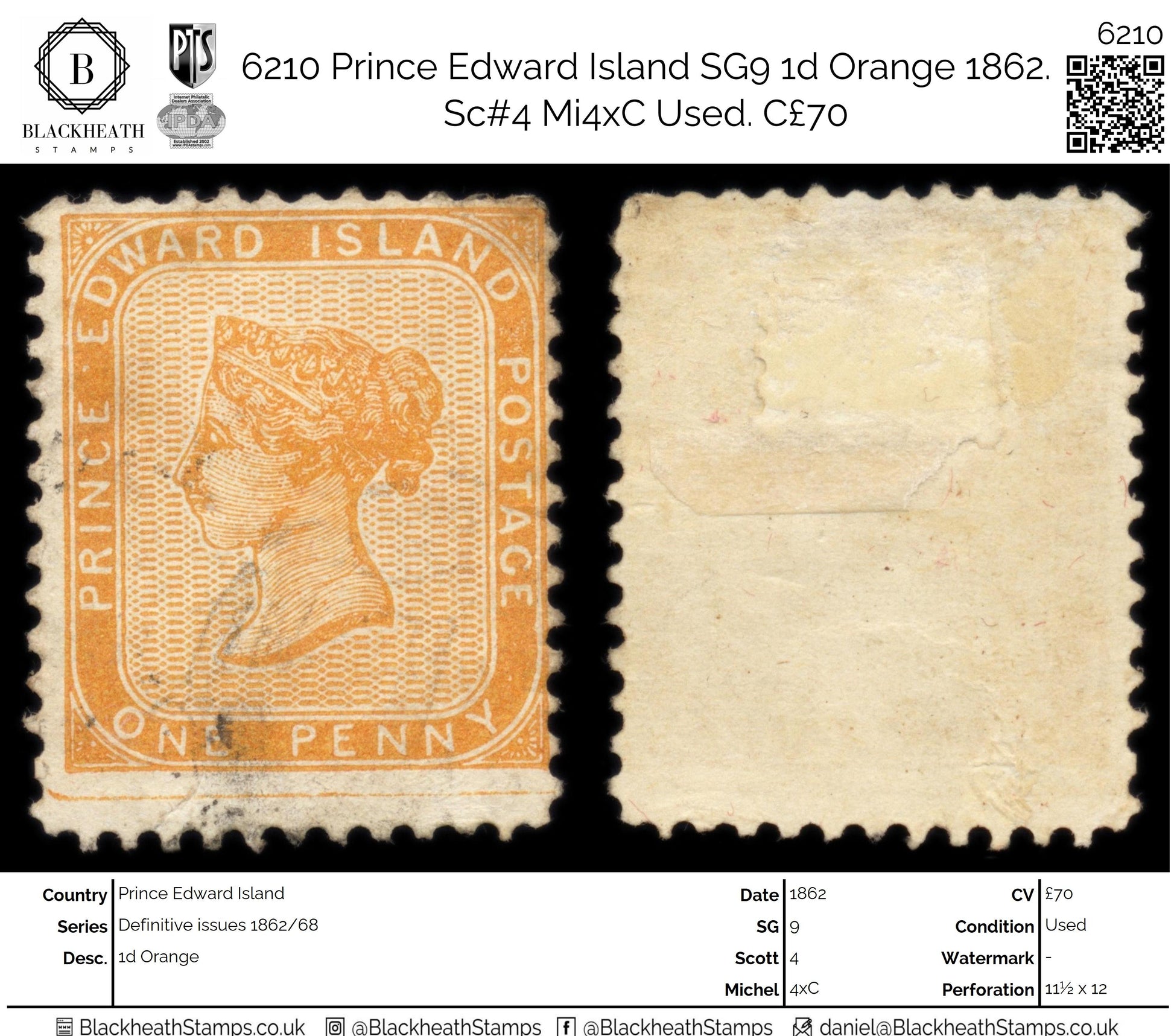 6210 Prince Edward Island SG9 1d Orange 1862. Sc#4 Mi4xC Used. C£70