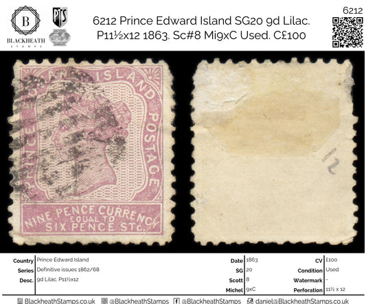 6212 Prince Edward Island SG20 9d Lilac. P11½x12 1863. Sc#8 Mi9xC Used. C£100