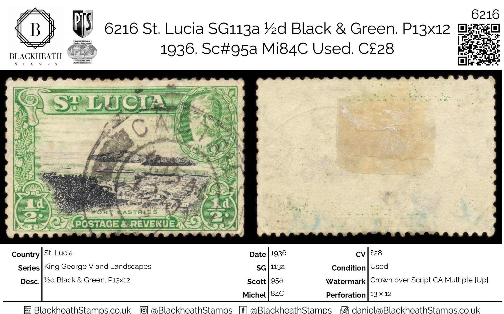 6216 St. Lucia SG113a ½d Black & Green. P13x12 1936. Sc#95a Mi84C Used. C£28