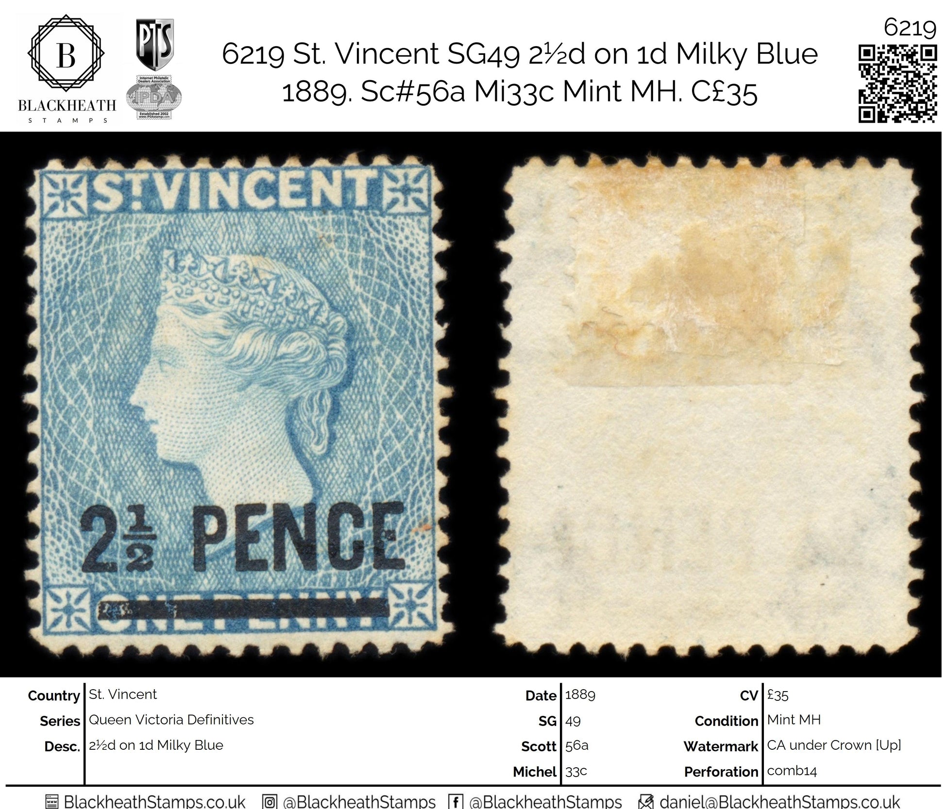 6219 St. Vincent SG49 2½d on 1d Milky Blue 1889. Sc#56a Mi33c Mint MH. C£35