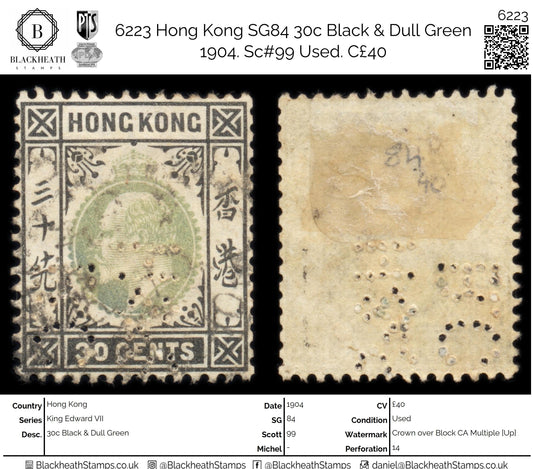 6223 Hong Kong SG84 30c Black & Dull Green 1904. Sc#99 Used. C£40