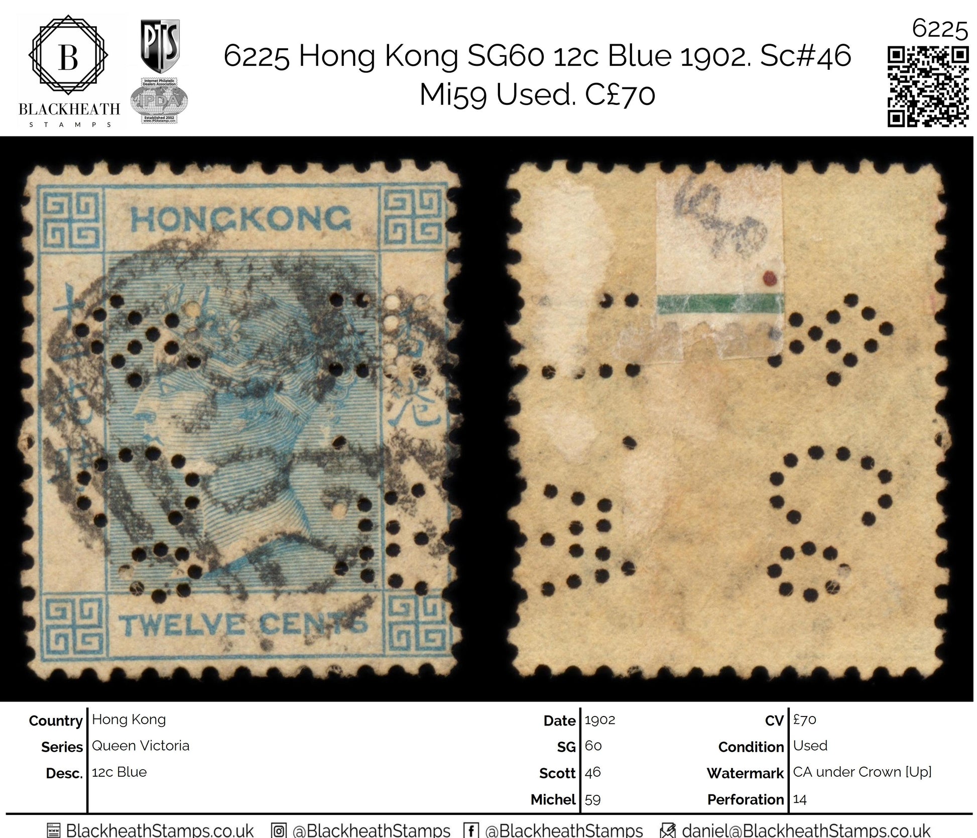 6225 Hong Kong SG60 12c Blue 1902. Sc#46 Mi59 Used. C£70