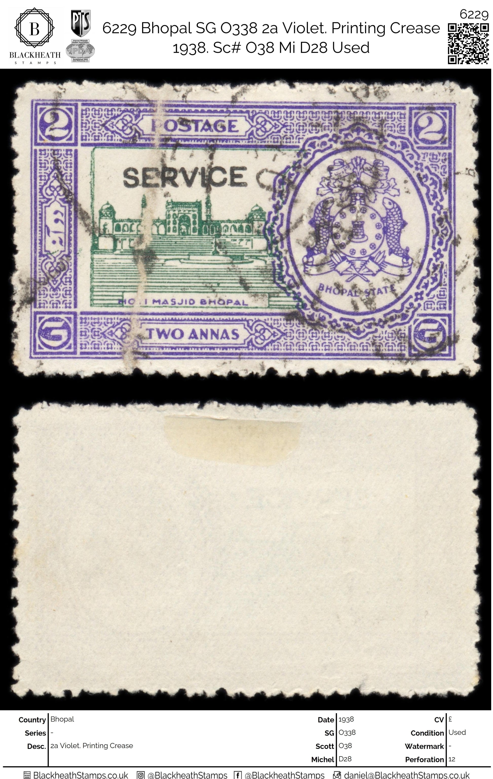 6229 Bhopal SG O338 2a Violet. Printing Crease 1938. Sc# O38 Mi D28 Used