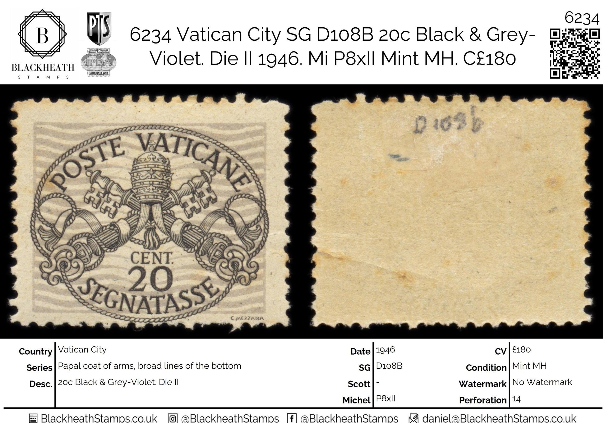 6234 Vatican City SG D108B 20c Black & Grey-Violet. Die II 1946. Mi P8xII Mint MH. C£180