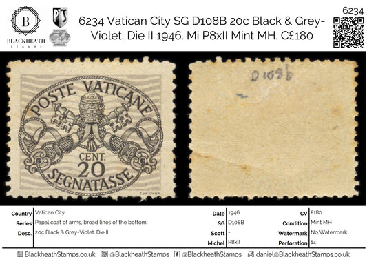 6234 Vatican City SG D108B 20c Black & Grey-Violet. Die II 1946. Mi P8xII Mint MH. C£180