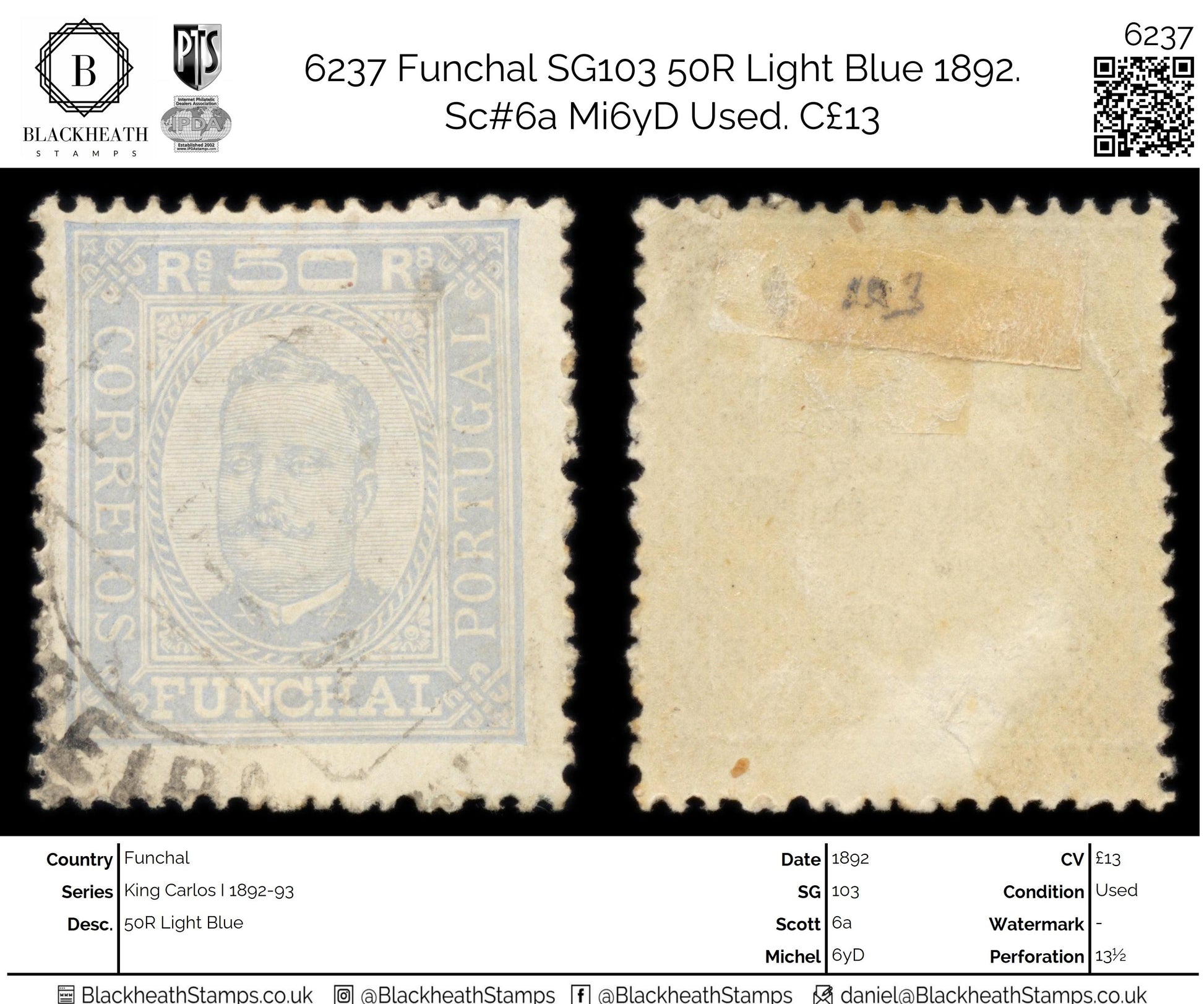 6237 Funchal SG103 50R Light Blue 1892. Sc#6a Mi6yD Used. C£13