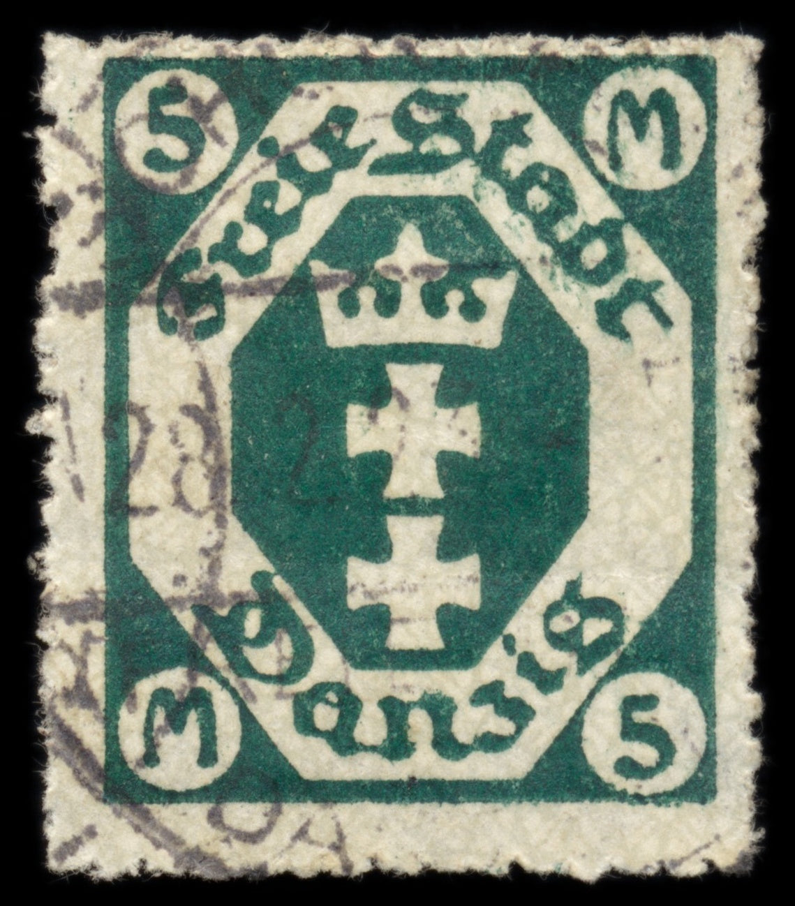 6238 Danzig SG86a 5M Blackish Green 1922. Mi108Y Used. C£90