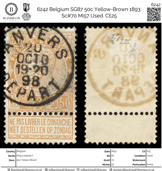 6242 Belgium SG87 50c Yellow-Brown 1893. Sc#70 Mi57 Used. C£25