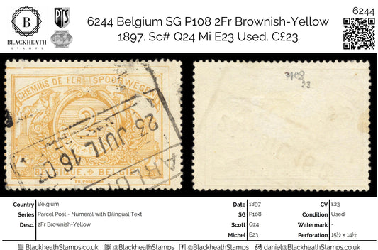 6244 Belgium SG P108 2Fr Brownish-Yellow 1897. Sc# Q24 Mi E23 Used. C£23