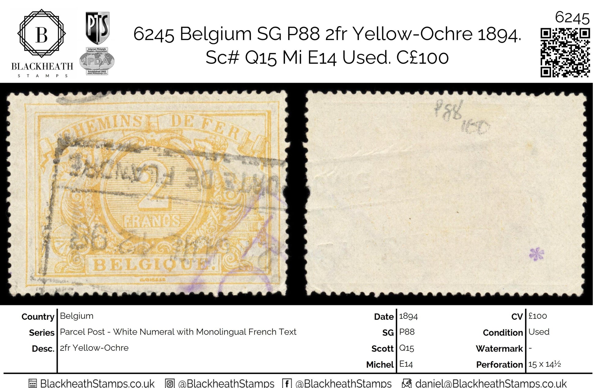 6245 Belgium SG P88 2fr Yellow-Ochre 1894. Sc# Q15 Mi E14 Used. C£100