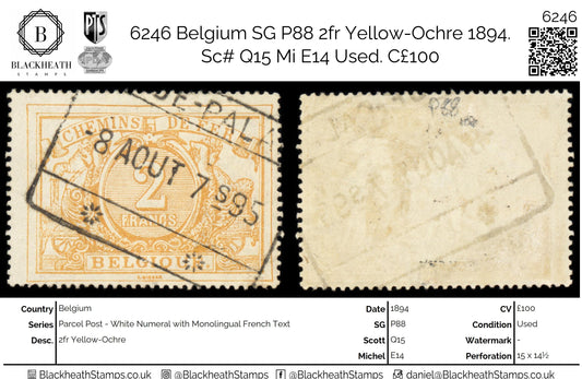 6246 Belgium SG P88 2fr Yellow-Ochre 1894. Sc# Q15 Mi E14 Used. C£100