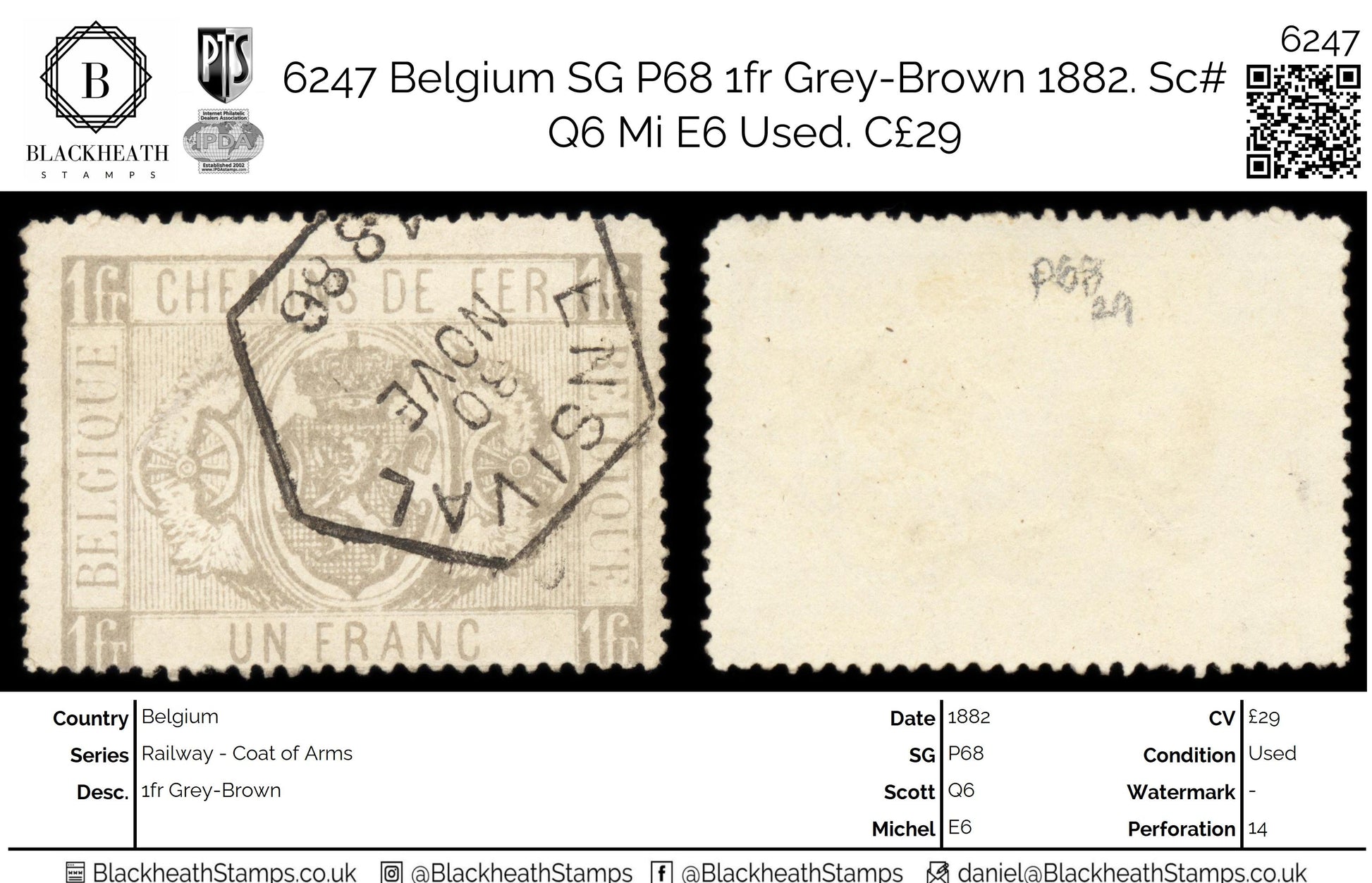 6247 Belgium SG P68 1fr Grey-Brown 1882. Sc# Q6 Mi E6 Used. C£29