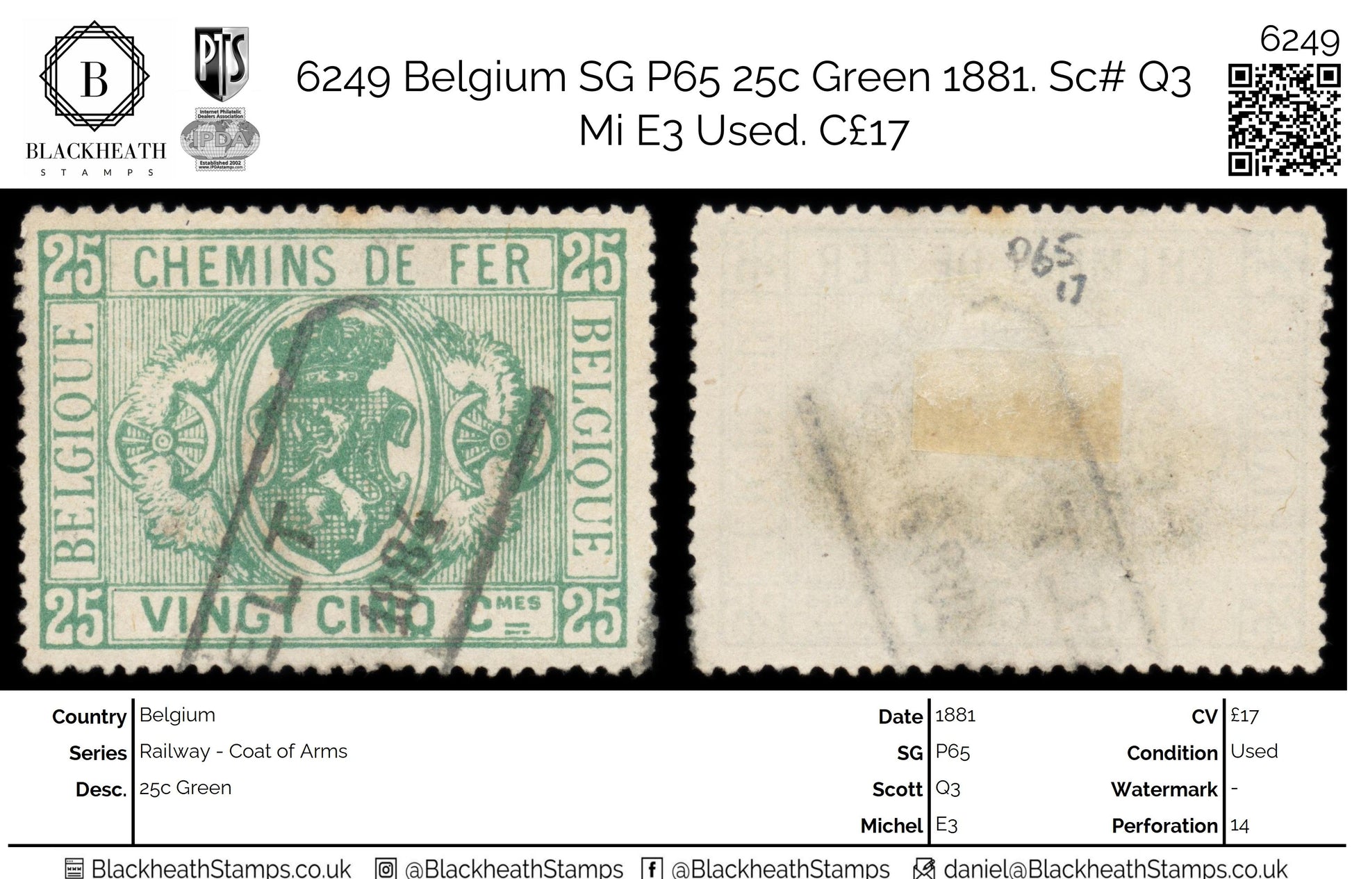 6249 Belgium SG P65 25c Green 1881. Sc# Q3 Mi E3 Used. C£17