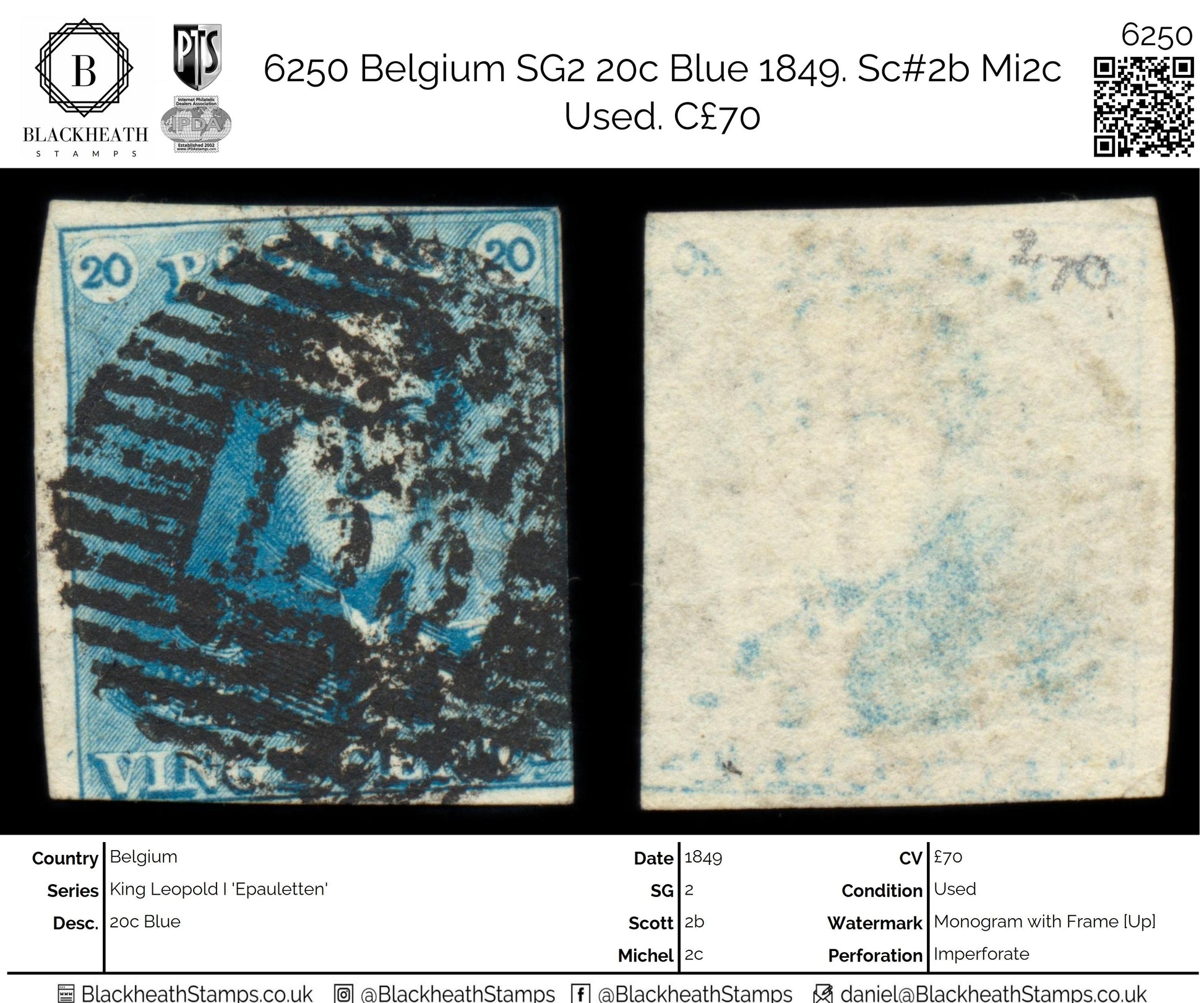 6250 Belgium SG2 20c Blue 1849. Sc#2b Mi2c Used. C£70