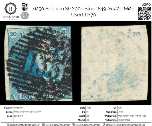 6250 Belgium SG2 20c Blue 1849. Sc#2b Mi2c Used. C£70