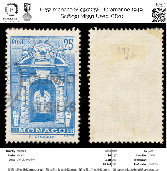 6252 Monaco SG397 25F Ultramarine 1949. Sc#230 Mi391 Used. C£20