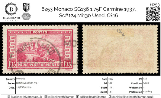 6253 Monaco SG136 1.75F Carmine 1937. Sc#124 Mi130 Used. C£16