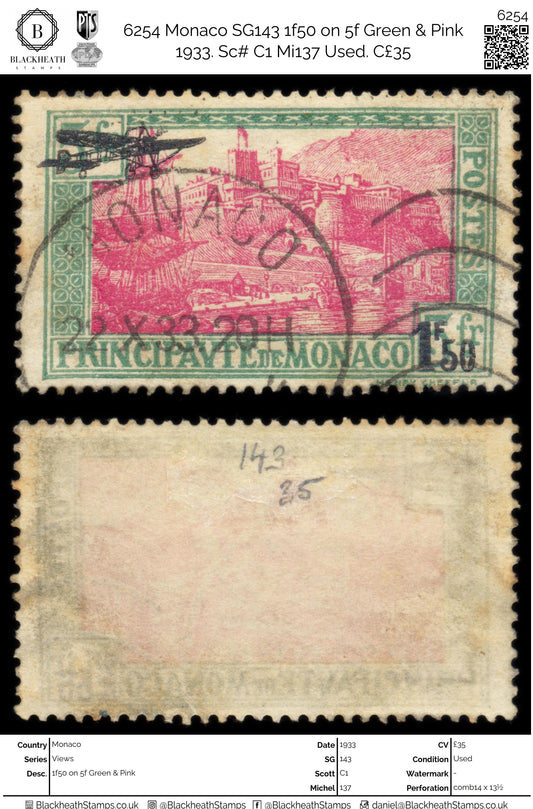 6254 Monaco SG143 1f50 on 5f Green & Pink 1933. Sc# C1 Mi137 Used. C£35